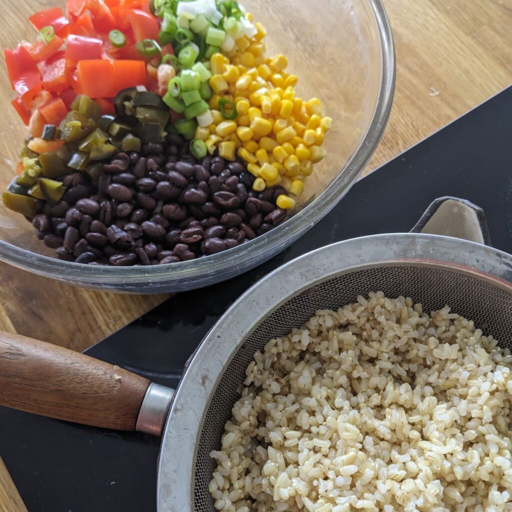 Salad ingredients with cooked rice